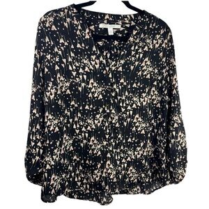 Lauren Conrad Black Pink Heart Print Blouse, XL, Button Front, Romantic Chic